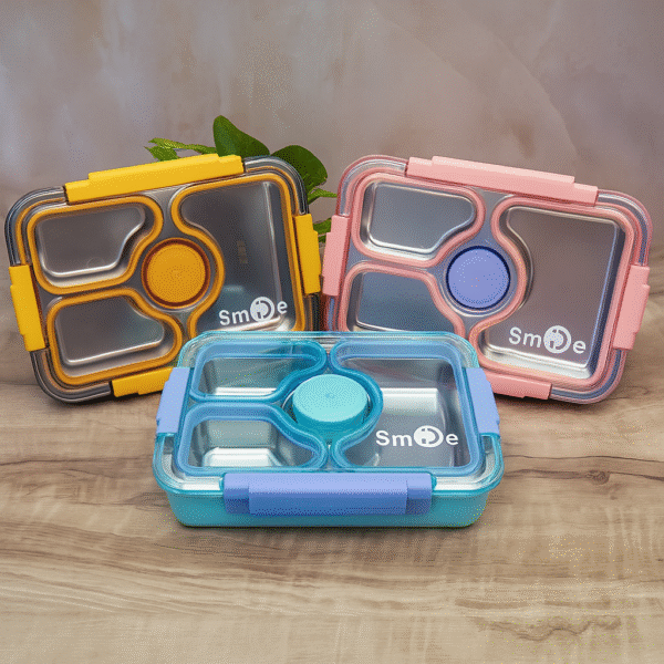 4 Compartments, Lunch Box with Spoon, Fork, Chopstick & One Small Container, Heating Water Insulation Design, Leakproof Lunch Box for School, Office (Capacity-950ml+70ml)