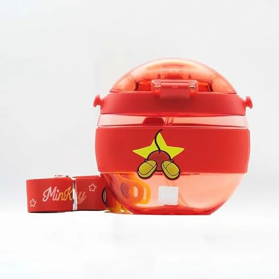 Leak Proof Kid’s Cartoon Water Bottle with Ribbon Strap and Silicone Straw Lid 420 ML