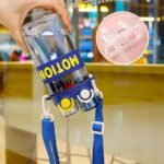 Latest Cute Design Dual Drinking Lid Plastic Water Bottle With Straw and Strap(550ml) - Image 3