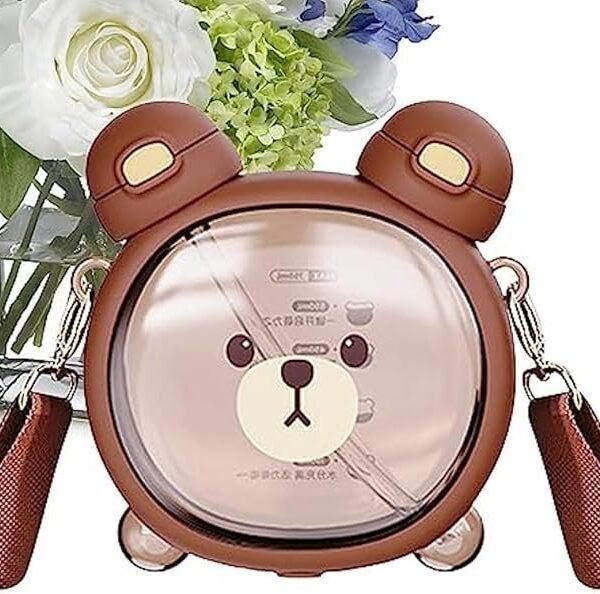 Kids Drink, Kids, Cute, Shoulder Strap, Adjustable, Cold Insulation, Multi-purpose, Water Bottle with Straw (Brown) 500ML