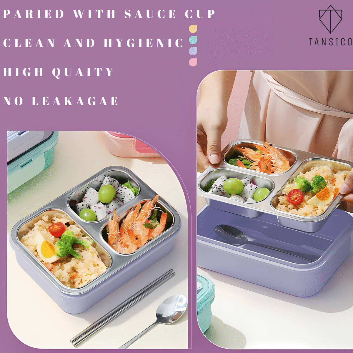 3 compartment Leak proof Steel Lunch Box -620ml - Image 6
