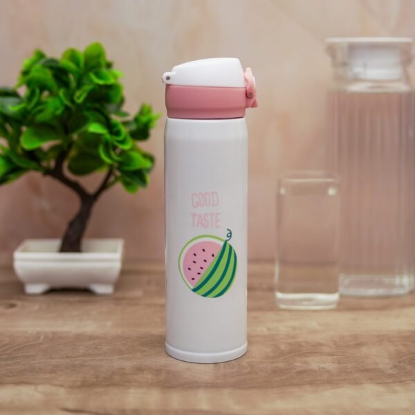 Insulated Steel Flask with lid, Printed, hot and Cold Compatible, Dishwasher Safe Click Open, White and Pink Combination Cute Small Flask