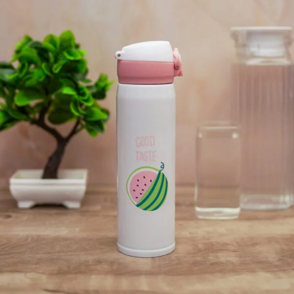 Insulated Steel Flask with lid, Printed, hot and Cold Compatible, Dishwasher Safe Click Open, White and Pink Combination Cute Small Flask