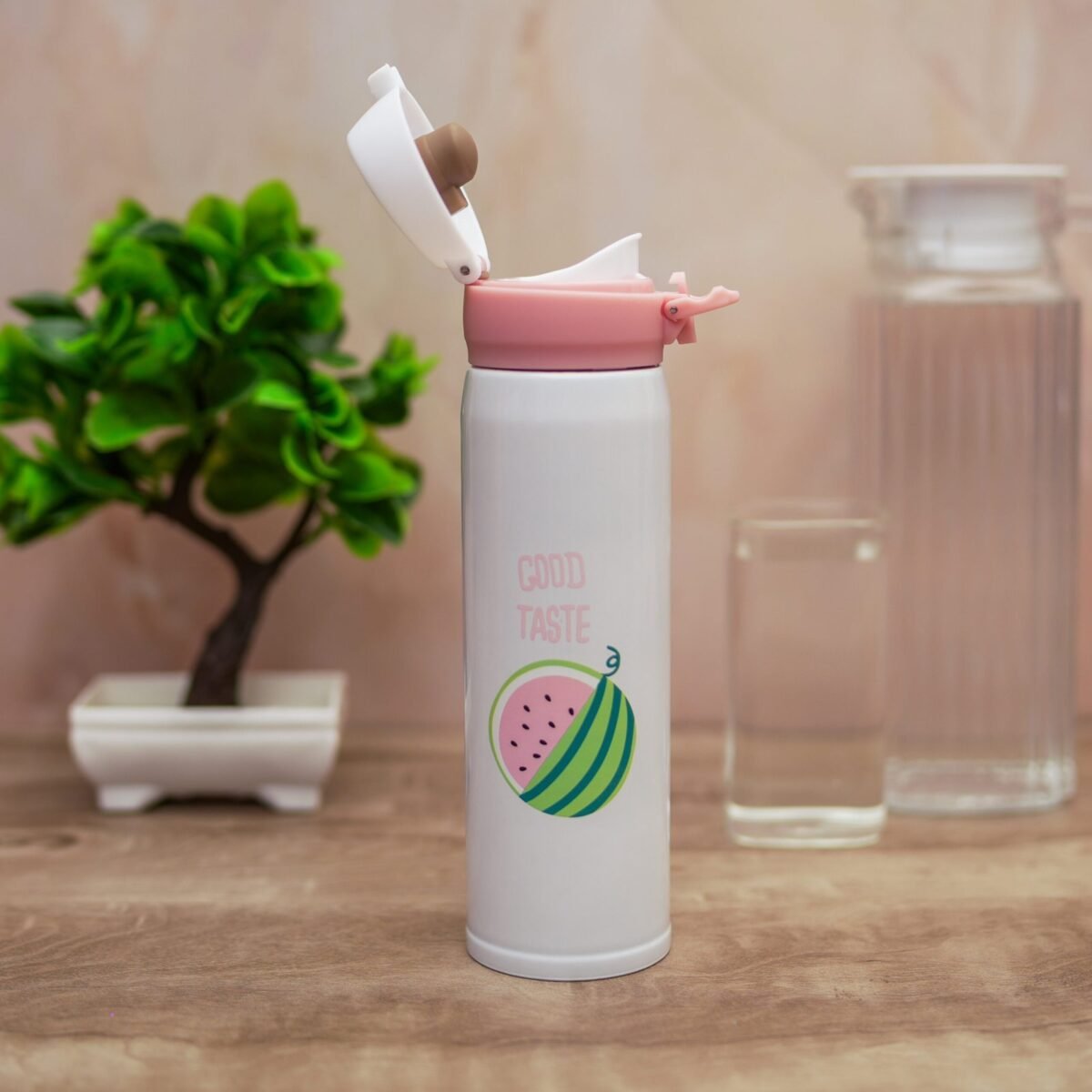 Insulated Steel Flask with lid, Printed, hot and Cold Compatible, Dishwasher Safe Click Open, White and Pink Combination Cute Small Flask - Image 3