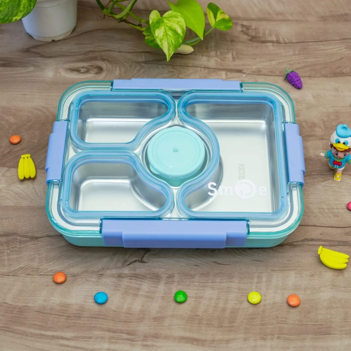 4 Compartments, Lunch Box with Spoon, Fork, Chopstick & One Small Container, Heating Water Insulation Design, Leakproof Lunch Box for School, Office (Capacity-950ml+70ml) - Image 3