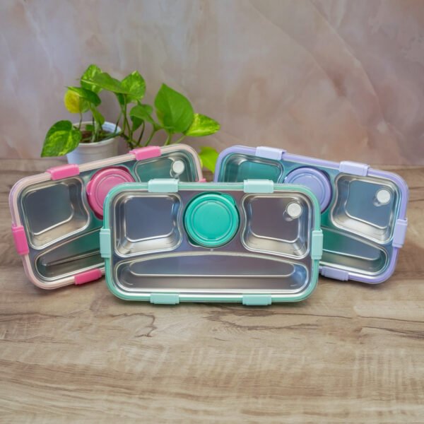 Stainless Steel Bento Lunch Box | 3 Compartment Leak-Proof Lunchbox | Insulated Food Container with Spoon, Fork, Chopsticks & Sauce Bowl | Tiffin for School & Office Use