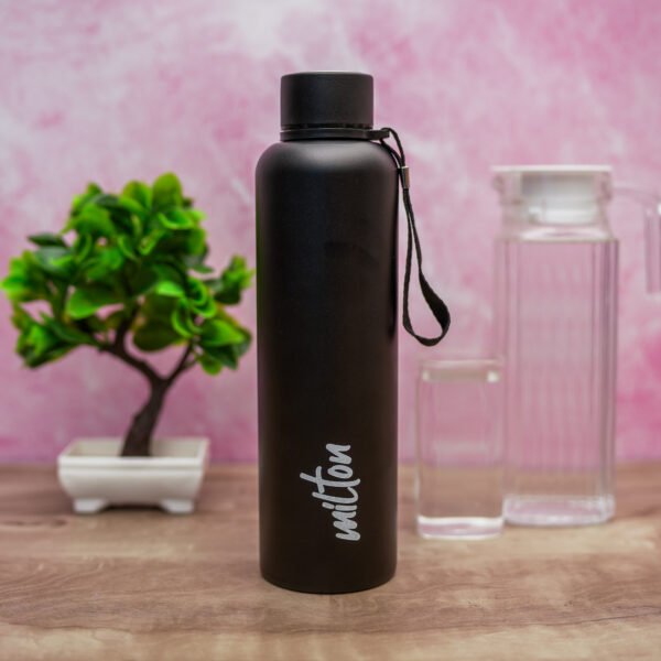 MILTON Caper 1000 Stainless Steel Water Bottle 870 ml, Single Walled, ISI Certified I Leak Proof Lid, Rust Proof I For School, Office, Gym I Black
