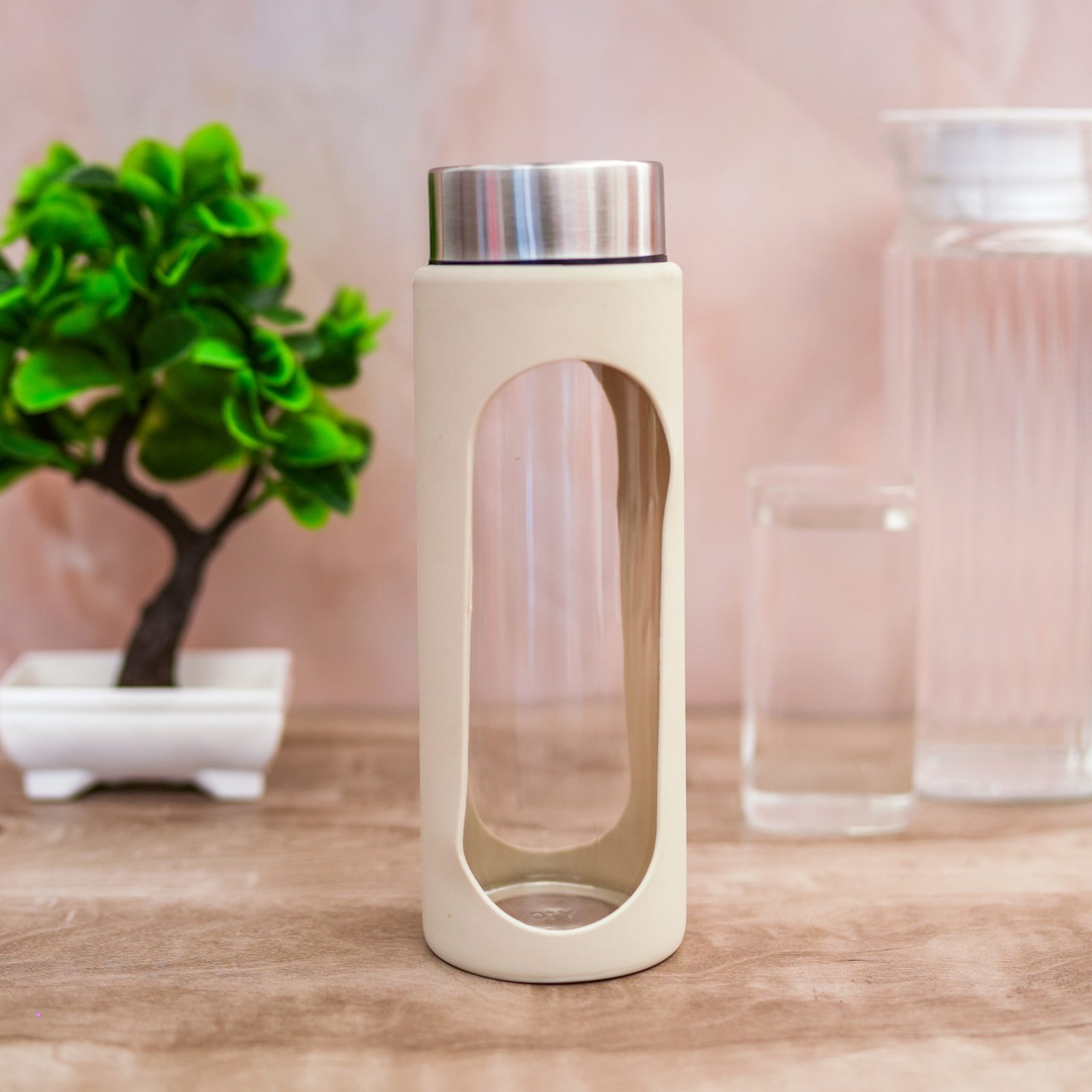 DSC08254 Glass Water Bottle with Fruit Infuser Window, Stainless Steel Lid, 750ml Aqua Bliss with Silicon Sleeve - Image 1