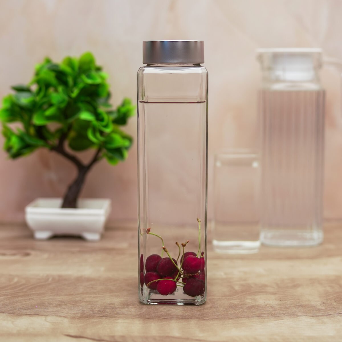 Glass Water Bottle with Stainless Steel Lid and Square Fridge bottles set - Perfect for Home, Travel, Juicing, Water, Smoothie - Reusable Glass Drinking Fridge Bottles - Image 2