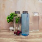 Glass Water Bottle with Stainless Steel Lid and Square Fridge bottles set - Perfect for Home, Travel, Juicing, Water, Smoothie - Reusable Glass Drinking Fridge Bottles