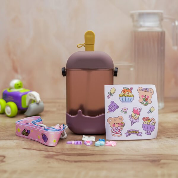 Cute Ice Cream Water Bottles with Straw, Kawaii Popsicle Water Bottle with Adjustable Shoulder Strap and Stickers, Popsicle Cup for School Girls and Boys,