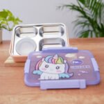 Unicorn Bento Box 4 Compartment Japanese Lunch Box Reusable Lunch Dinner Containers Leakproof Stainless Steel for Adults Kids School Office (Blue) - Image 2