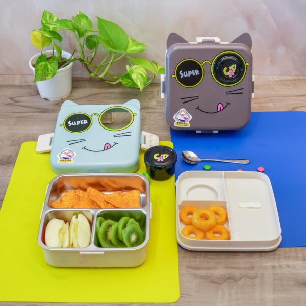 Cute 3D Cat Shaped Bento Lunch Box for Kids & Adults | Leak-Proof, BPA-Free with Cutlery | 1120ML + 70ML Stainless Steel Lunch Box for School & Office