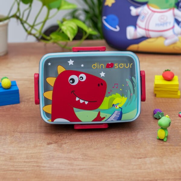 Red Dino Cute Kids Stainless Steel Lunch Box – Leakproof & Durable