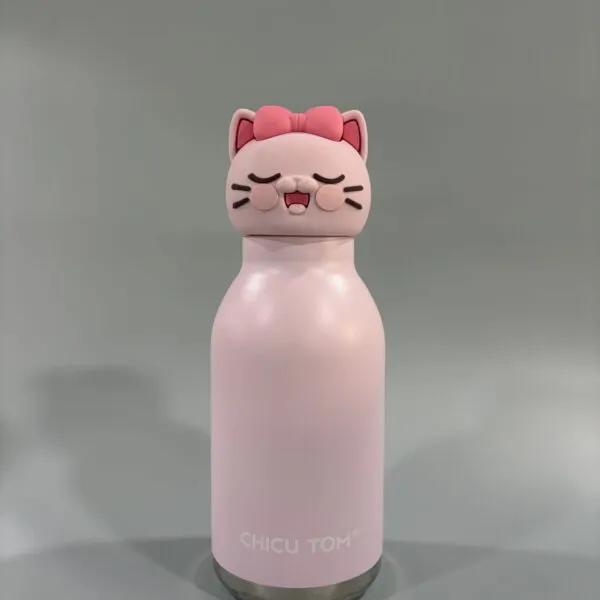 Pink Cat CHICU TOM Animal Kids Water Bottle - 480ml Leak-Proof, BPA-Free with Straw